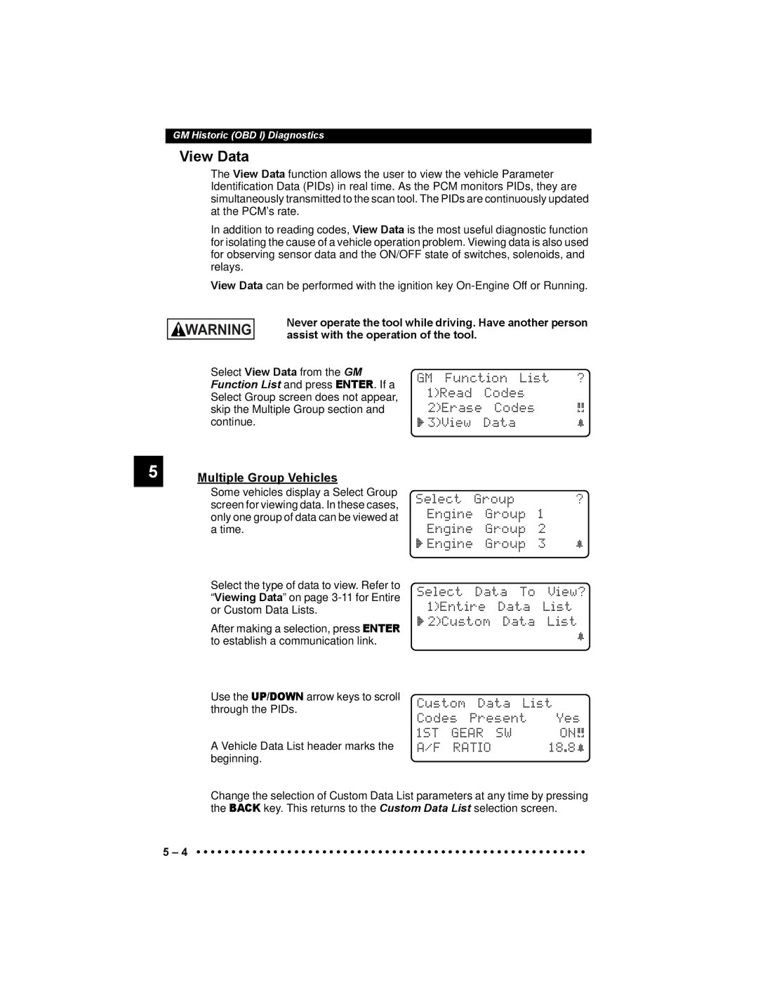 Actron 9640 user manual View Data, Multiple Group Vehicles, 1ST Gear SW Ratio, 18.8~ 