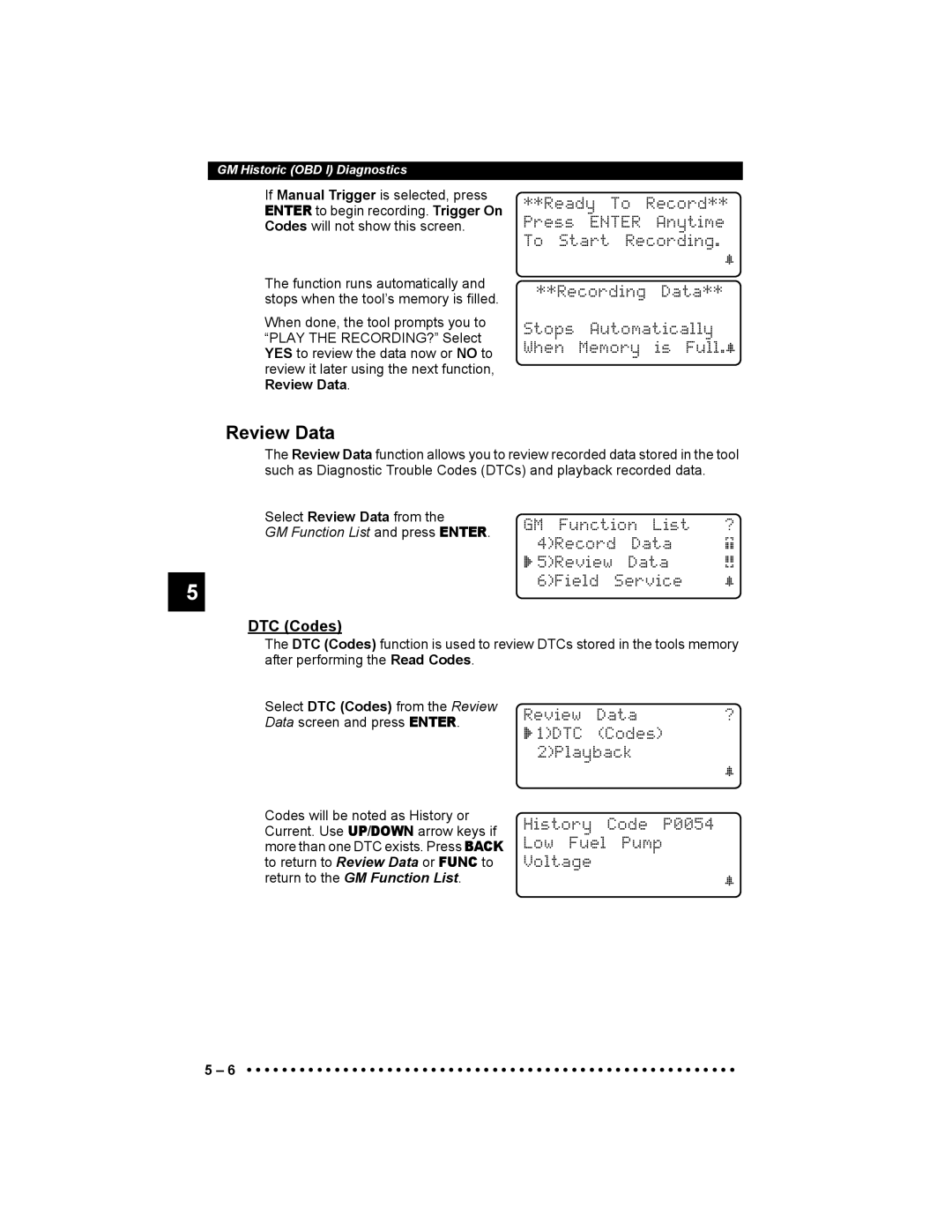 Actron 9640 user manual Review Data, GM Function List 4Record Data ` 5Review 6Field Service, ` 1DTC Codes 2Playback 