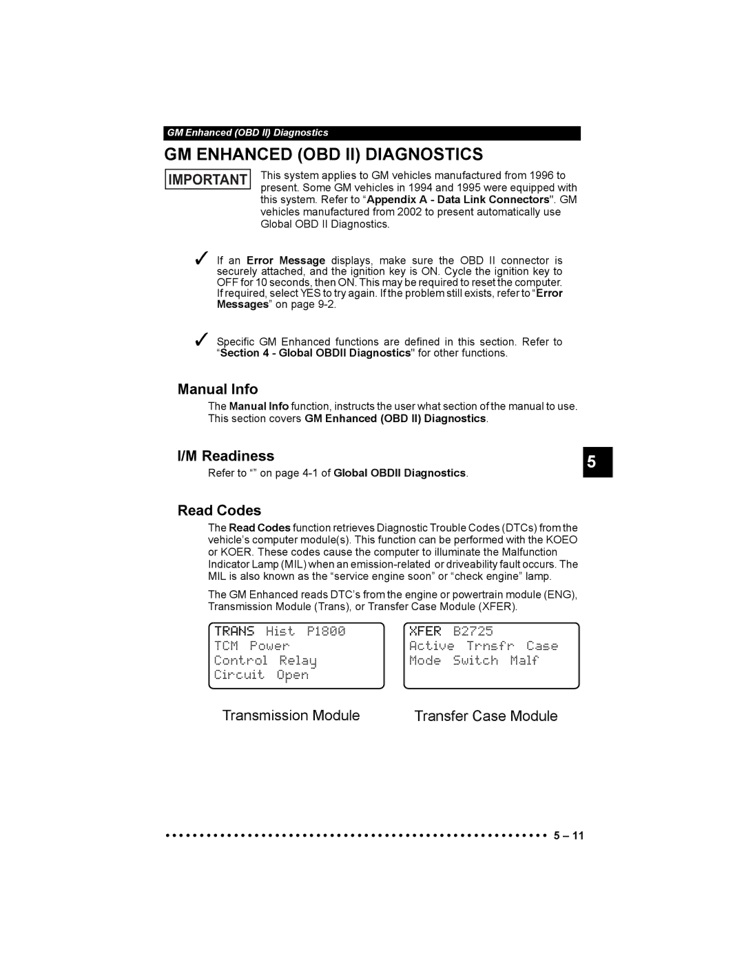 Actron 9640 user manual GM Enhanced OBD II Diagnostics, Readiness, Trans Hist P1800, Xfer B2725 