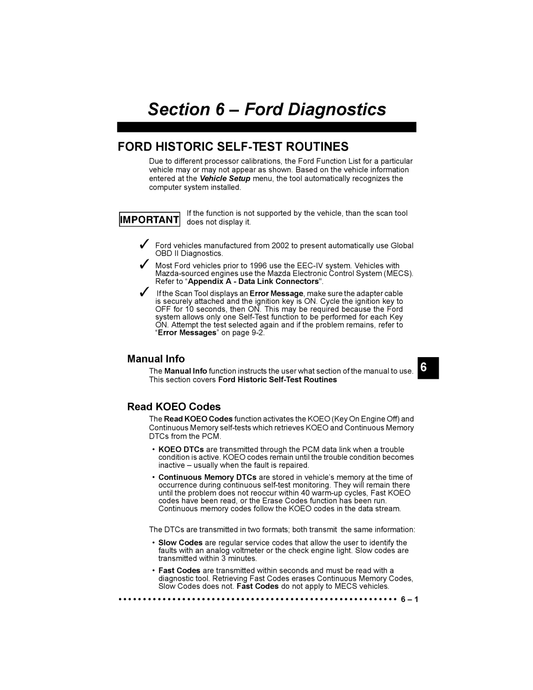 Actron 9640 user manual Ford Historic SELF-TEST Routines, Read Koeo Codes 