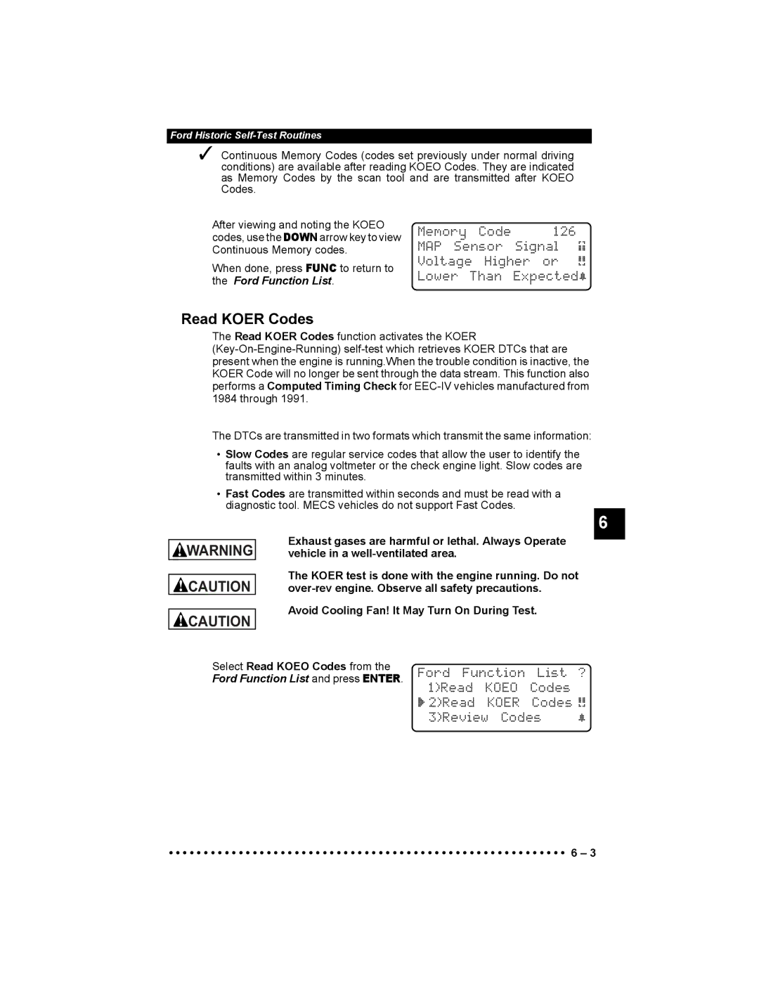 Actron 9640 user manual Read Koer Codes, Ford Function List 1Read, Codes ` 2Read, 3Review Codes 