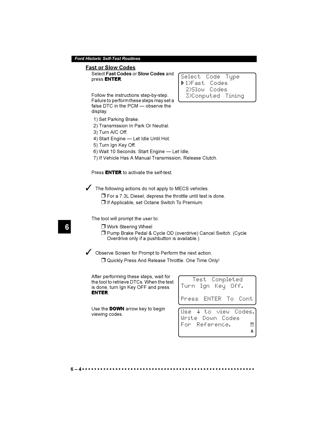 Actron 9640 user manual Fast or Slow Codes, Select Code Type, ` 1Fast Codes, 2Slow Codes 3Computed Timing 