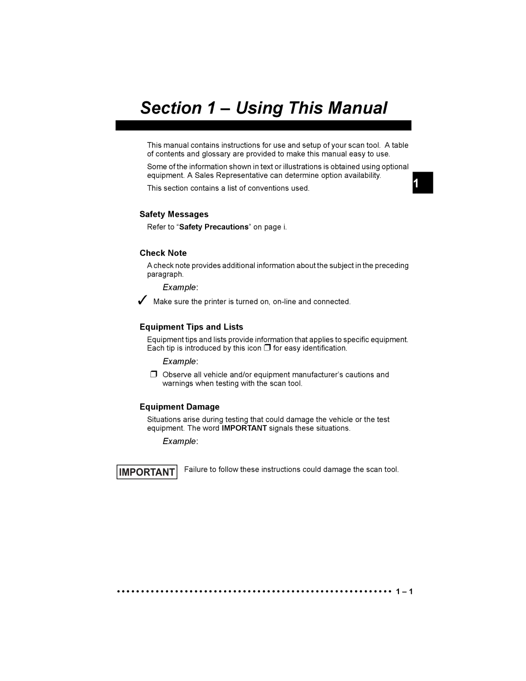 Actron 9640 user manual Safety Messages, Check Note, Equipment Tips and Lists, Equipment Damage 