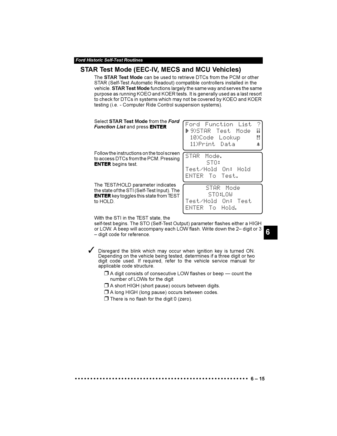 Actron 9640 user manual Star Test Mode EEC-IV, Mecs and MCU Vehicles, Test/Hold On Hold Enter To Test, Stolow 