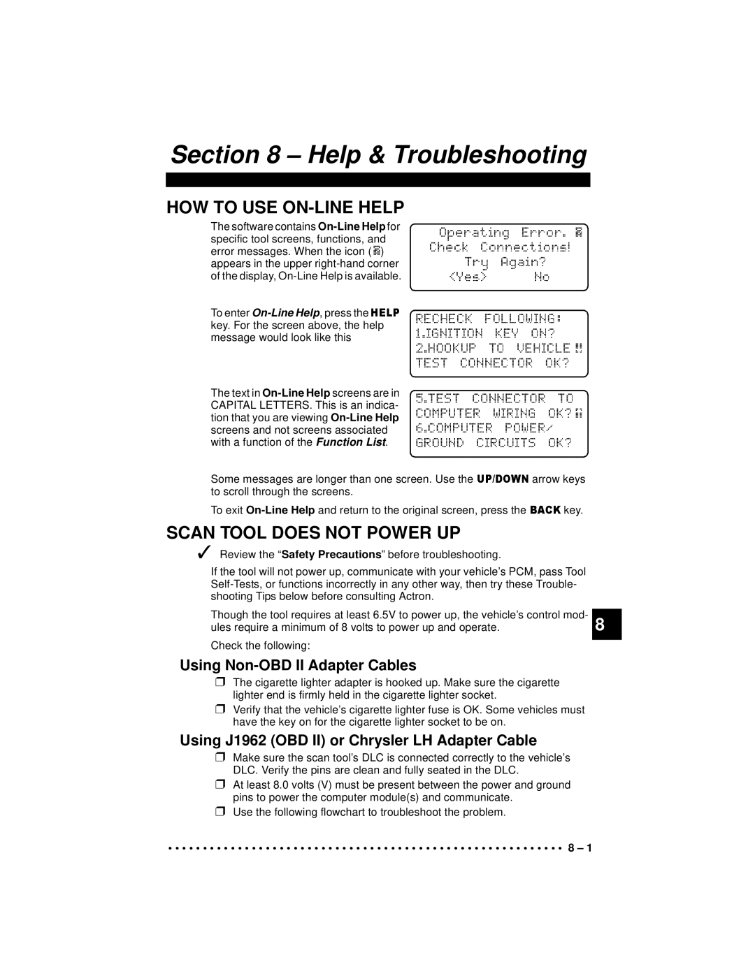 Actron 9640A manual HOW to USE ON-LINE Help, Using Non-OBD II Adapter Cables, Check the following 