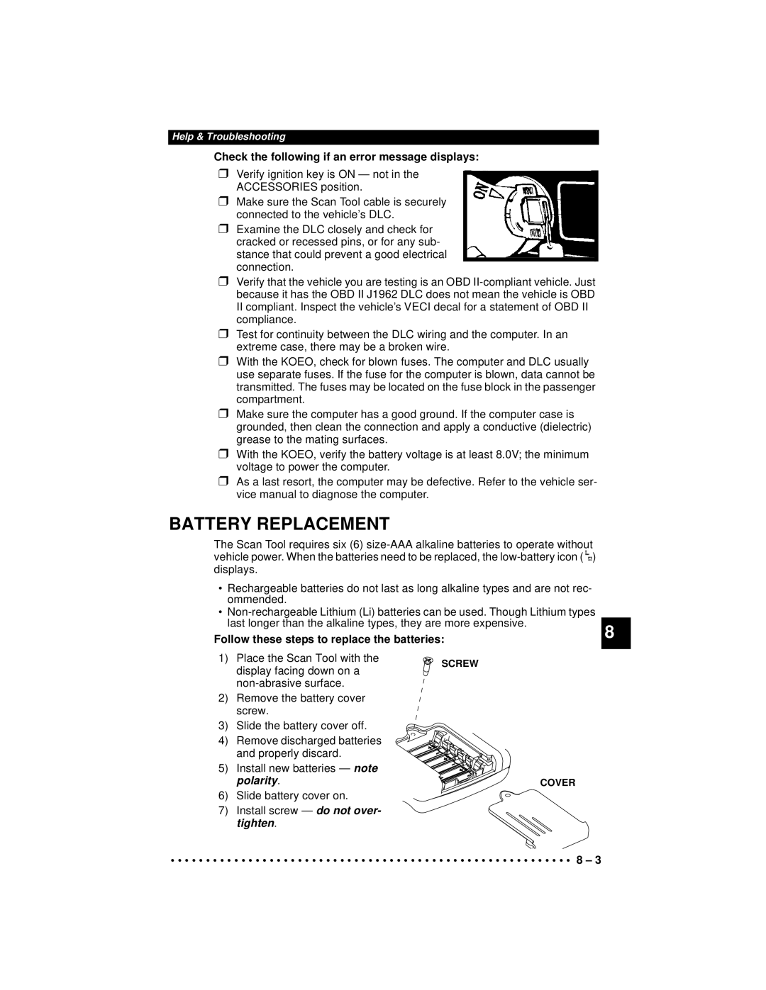 Actron 9640A manual Battery Replacement, Check the following if an error message displays, Polarity, Tighten 