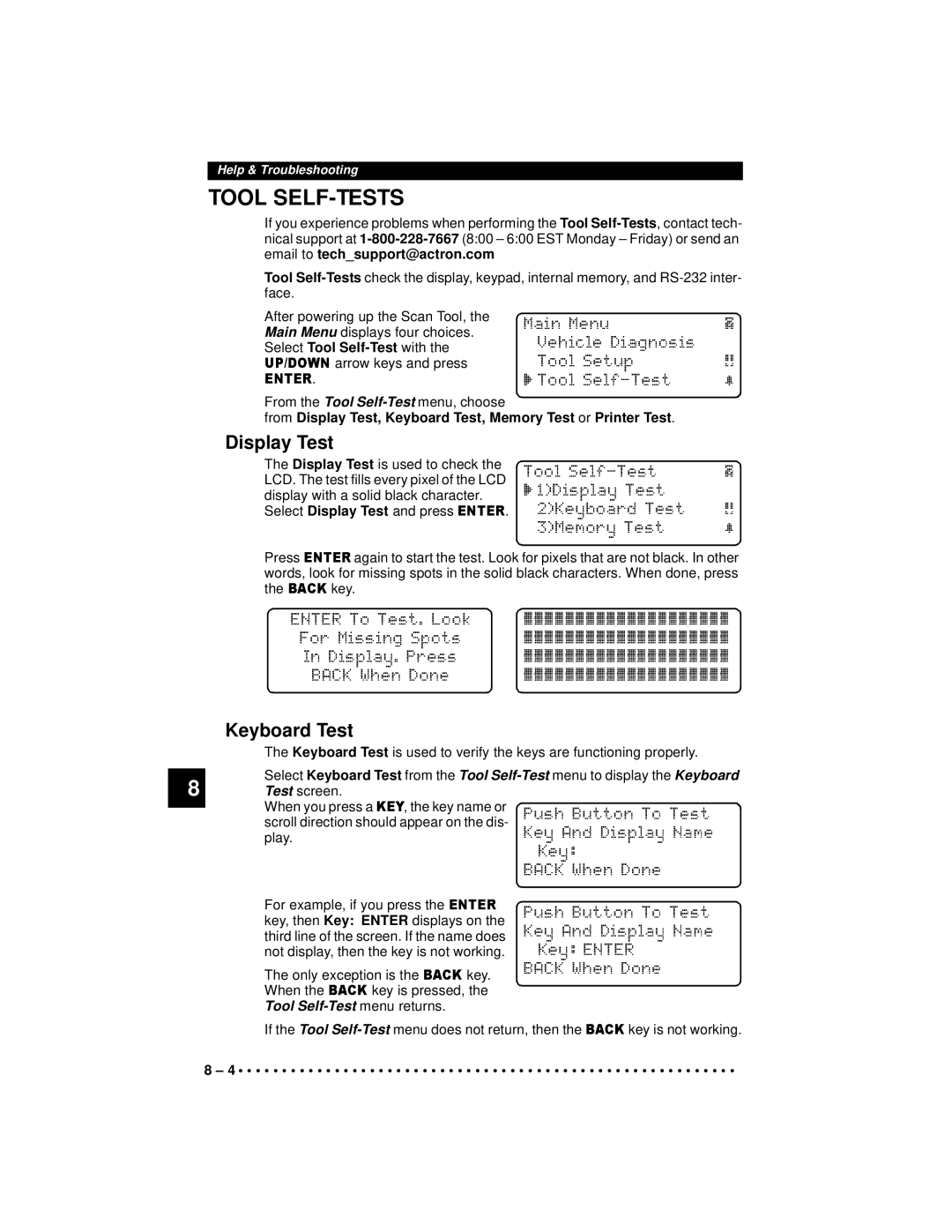 Actron 9640A manual Tool SELF-TESTS, Display Test, From the Tool Self Est m, Tool Self-Te t me 