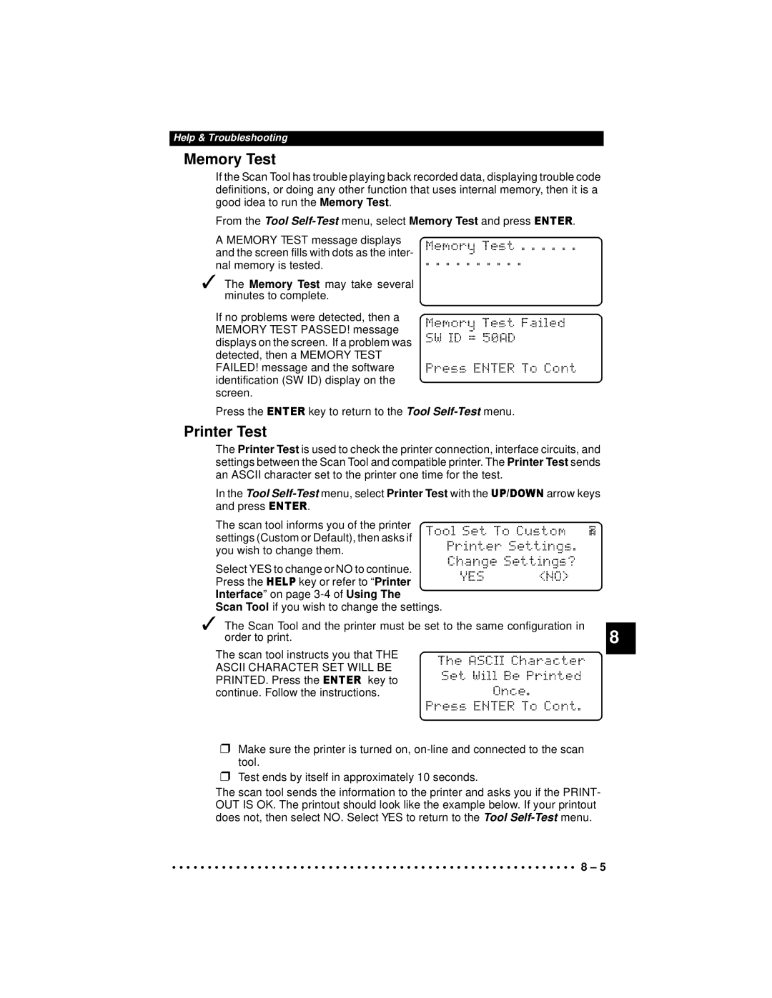 Actron 9640A manual Memory Test, Printer Test, Lf-Test m nu, Interface on page 3-4 of Using 