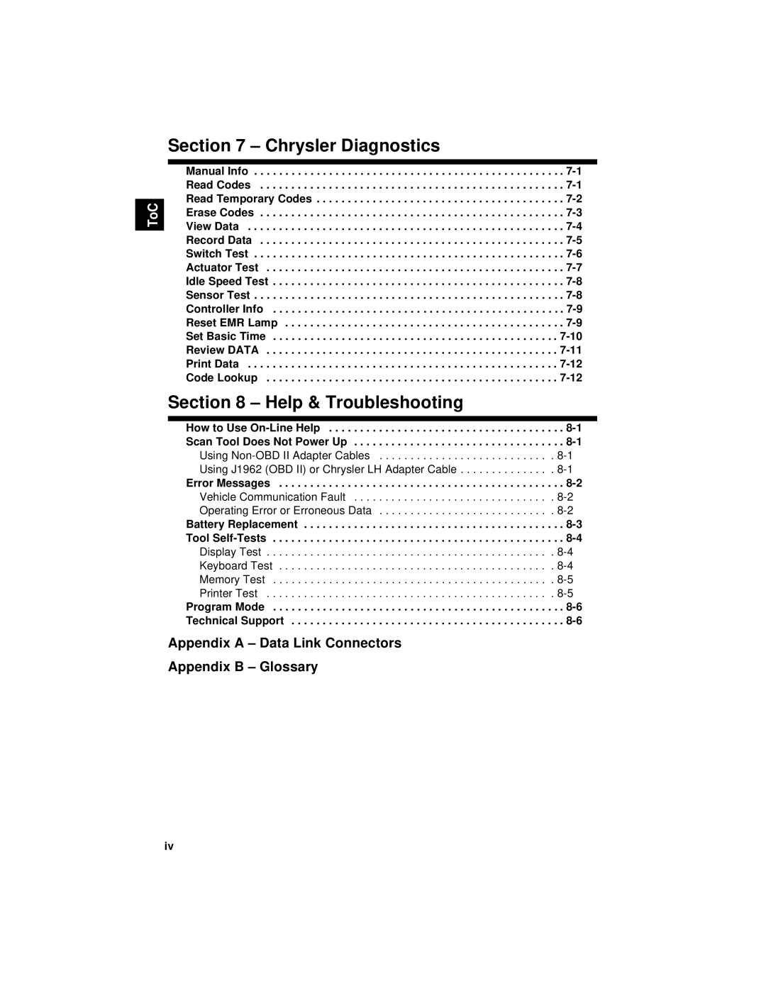 Actron 9640A manual Battery Replacement -3Tool Self-Tests, Display Test Keyboard Test Memory Test Printer Test 