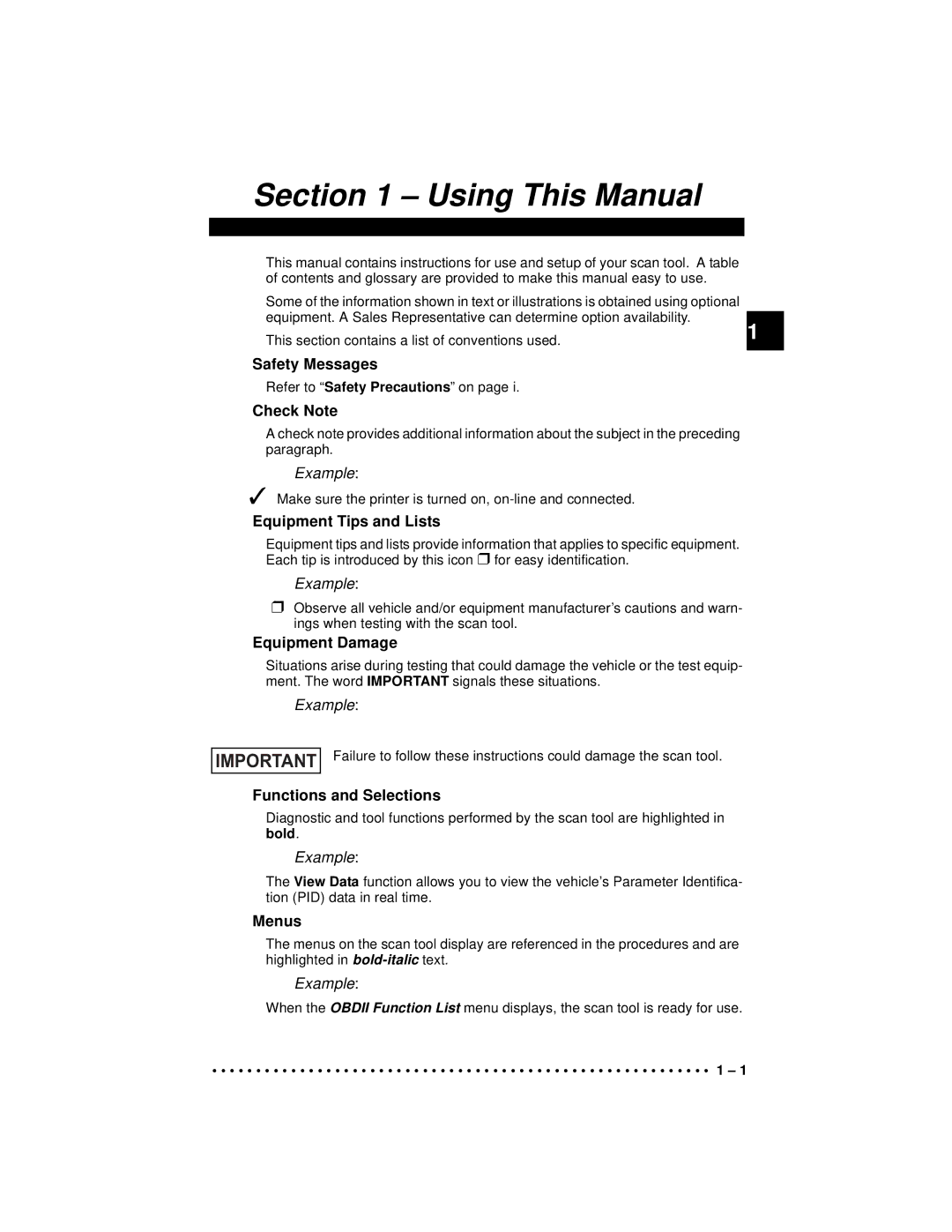 Actron 9640A Safety Messages, Check Note, Equipment Tips and Lists, Equipment Damage, Functions and Selections, Menus 