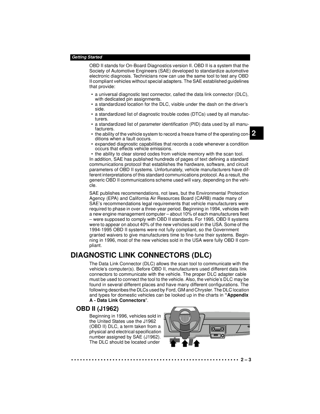 Actron 9640A manual Diagnostic Link Connectors DLC, OBD II J1962 