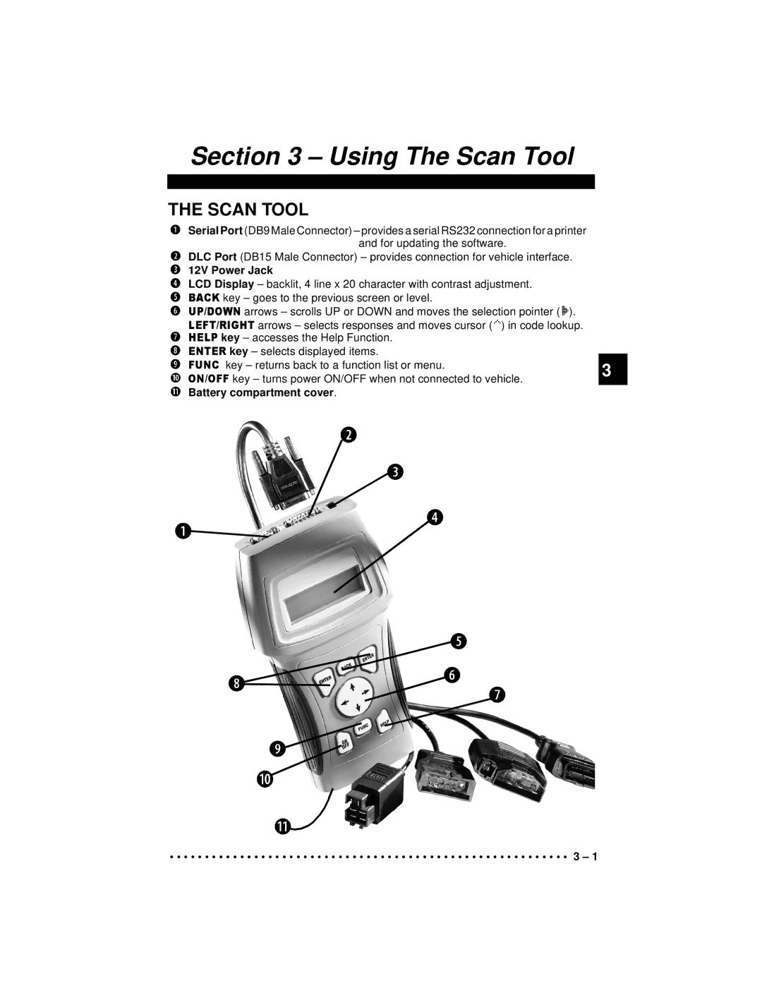 Actron 9640A manual Scan Tool, 12V Power Jack, Battery compartment cover 