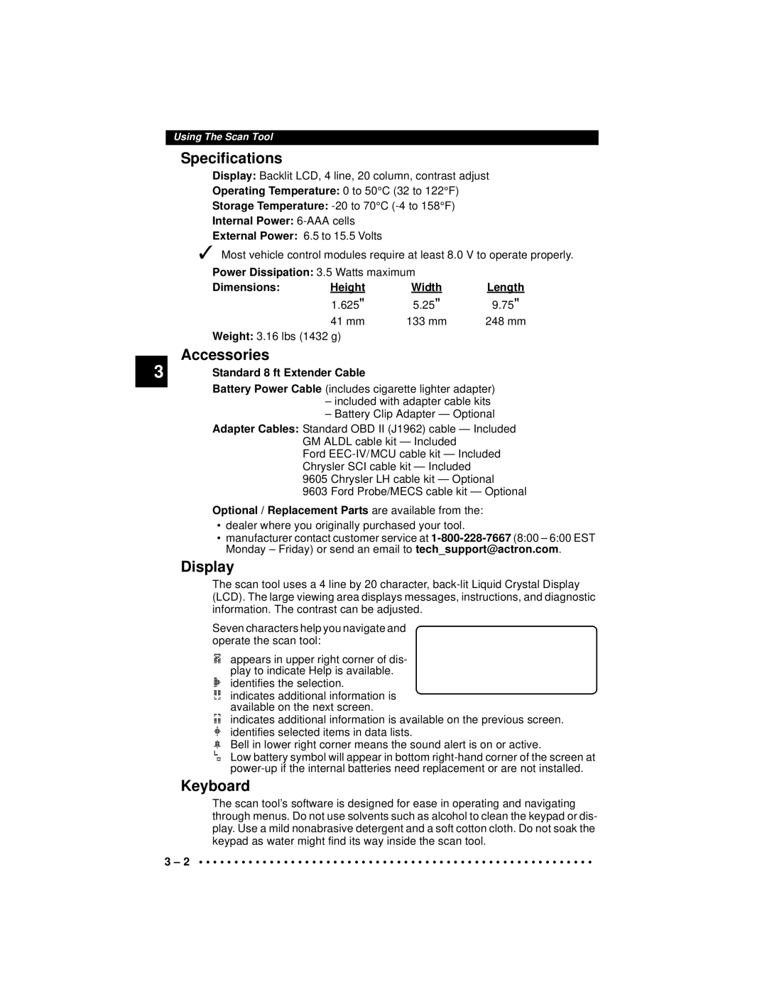 Actron 9640A manual Specifications, Accessories, Display, Keyboard 