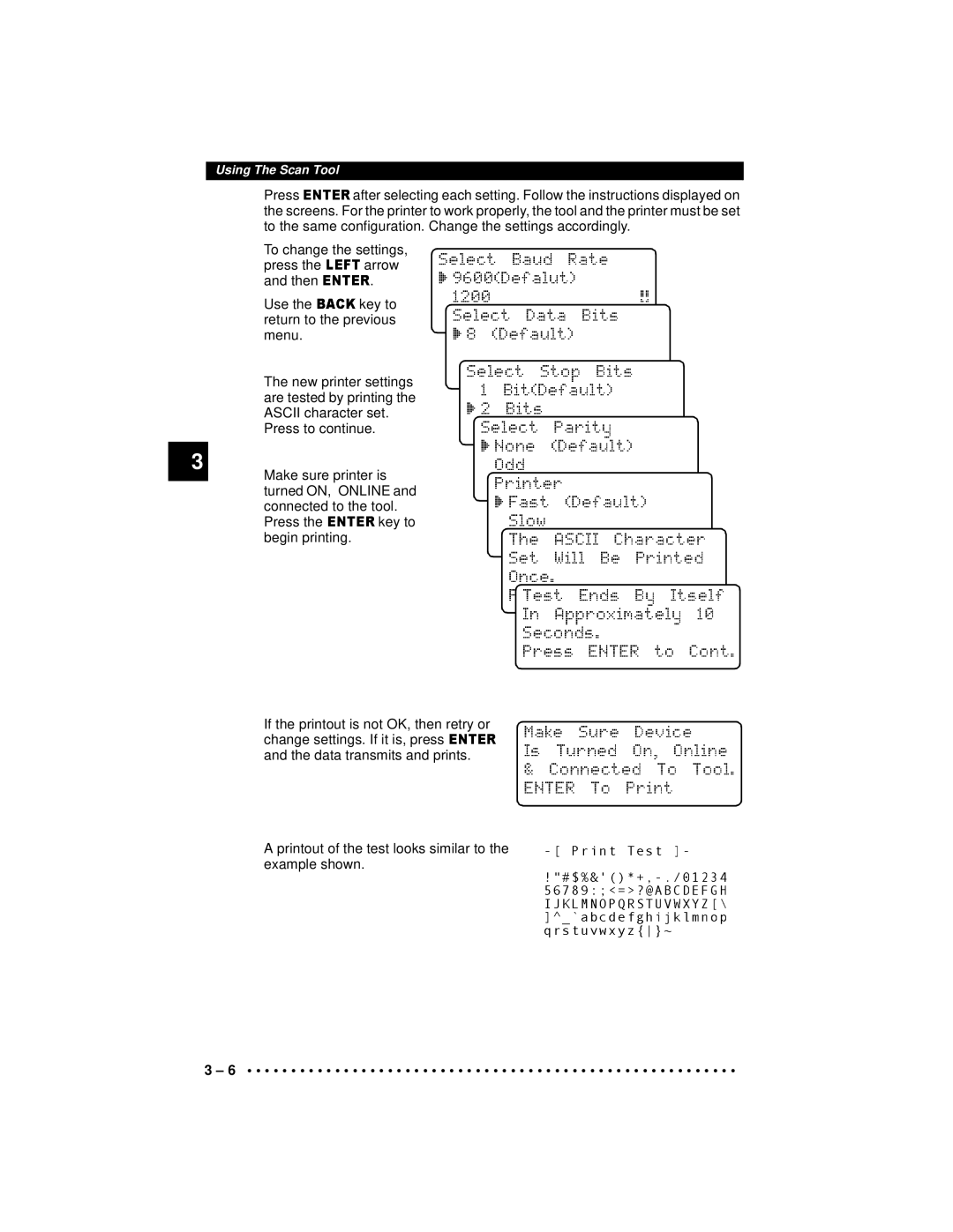 Actron 9640A Use Key to Return to the previous, Menu New printer settings Are tested by printing, Ascii character set 