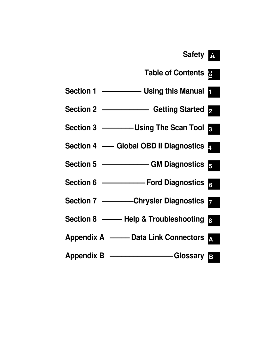 Actron 9640A manual Safety Table of Contents 