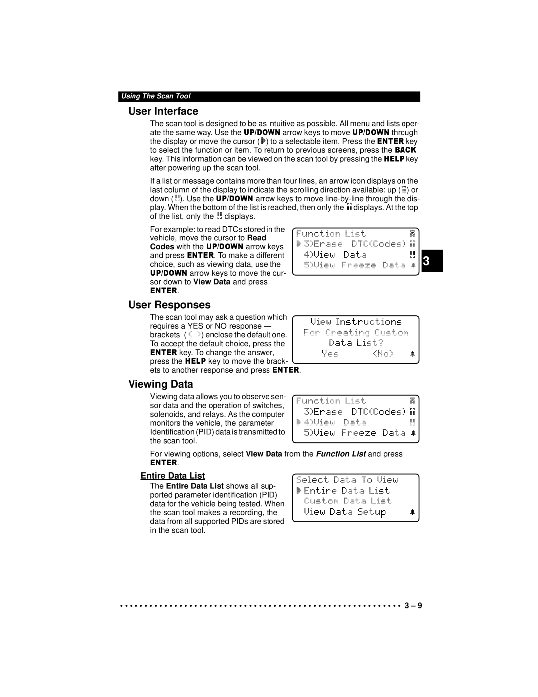 Actron 9640A manual User Interface, User Responses, Viewing Data, Entire Data List 