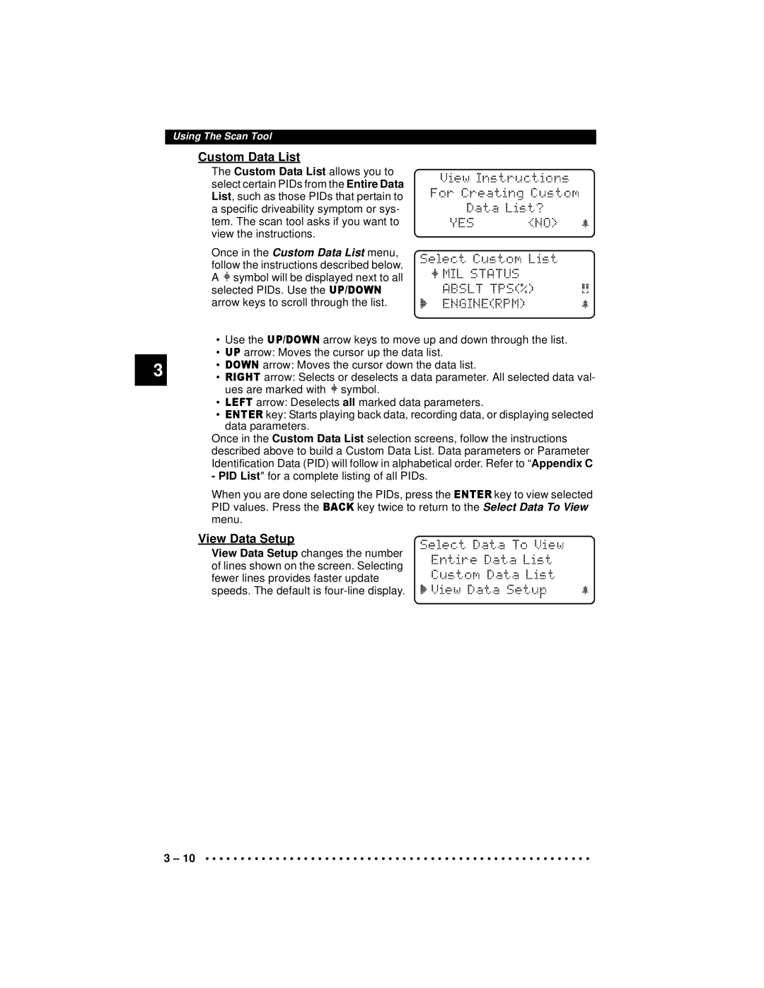 Actron 9640A manual Custom Data List, View Data Setup 