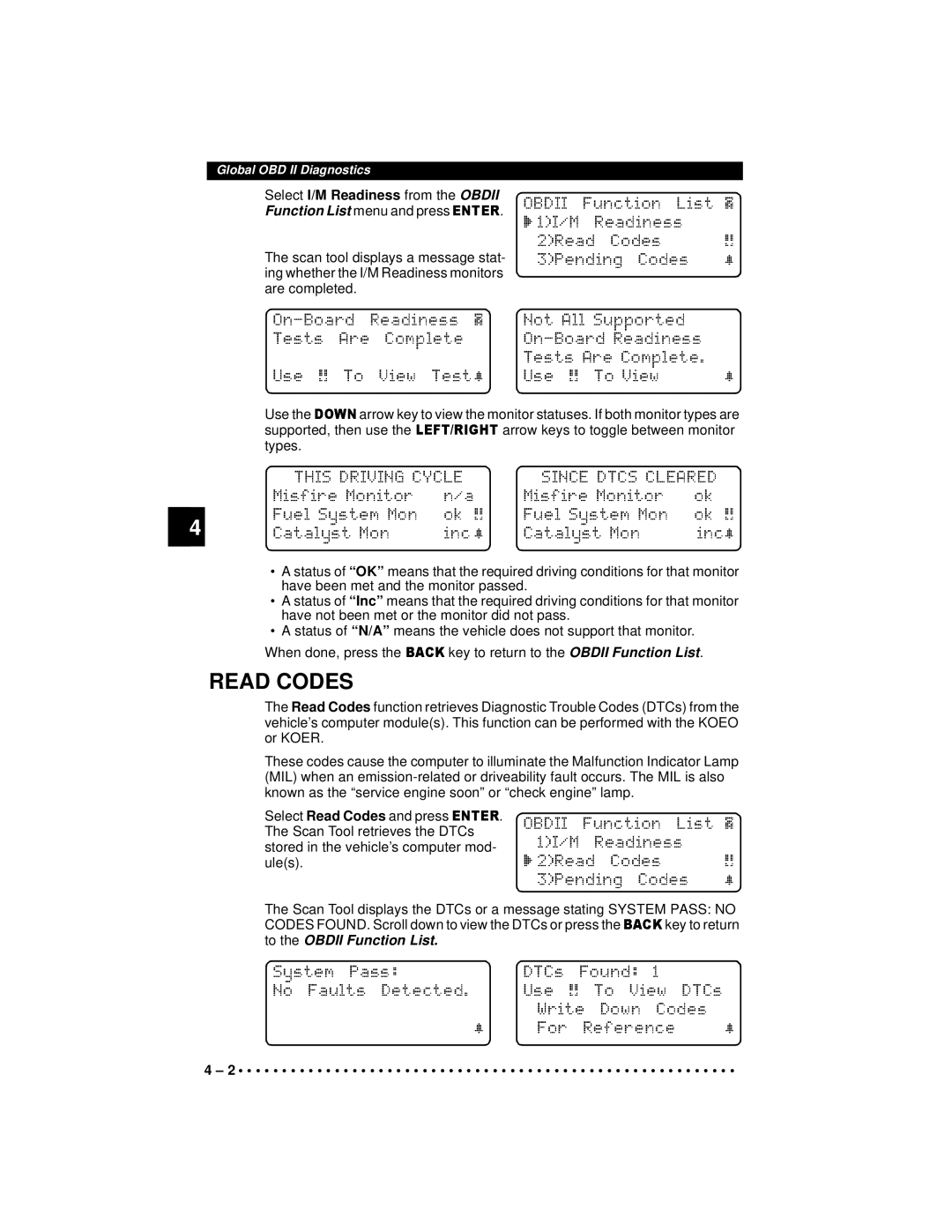 Actron 9640A manual Read Codes, Function List menu and press, He Obdii Fu Ction List, To the Obdii Function List 