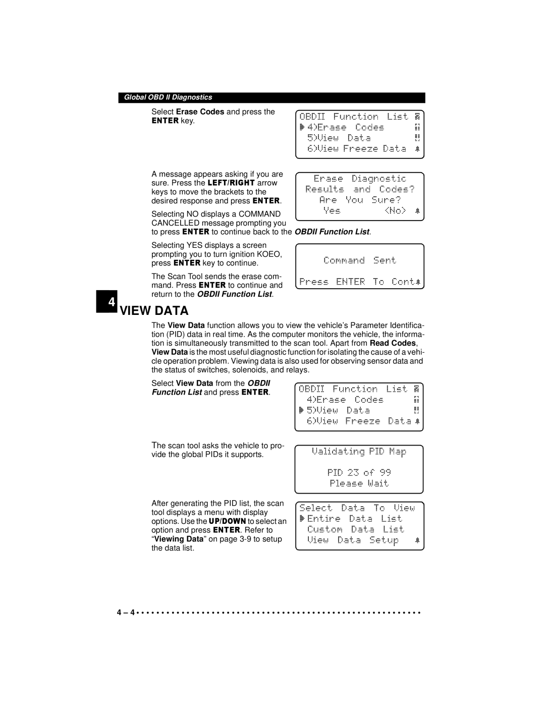 Actron 9640A manual View Data, Return to the Obdii Function List, Function List and press 