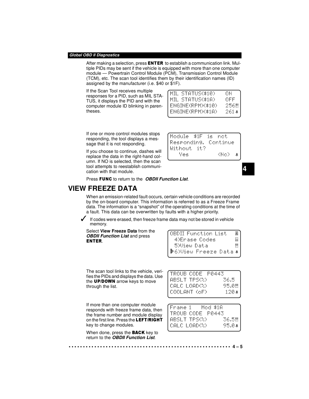 Actron 9640A manual Select View Freeze Data from, Responding.Continue, Obdii Function List and press 