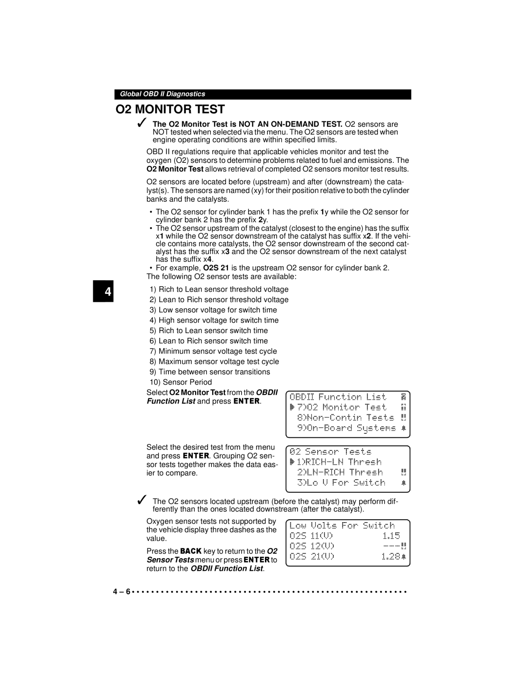 Actron 9640A manual O2 Monitor Test, SelectO2MonitorTest from the Obdii, Select the desired test from the menu 