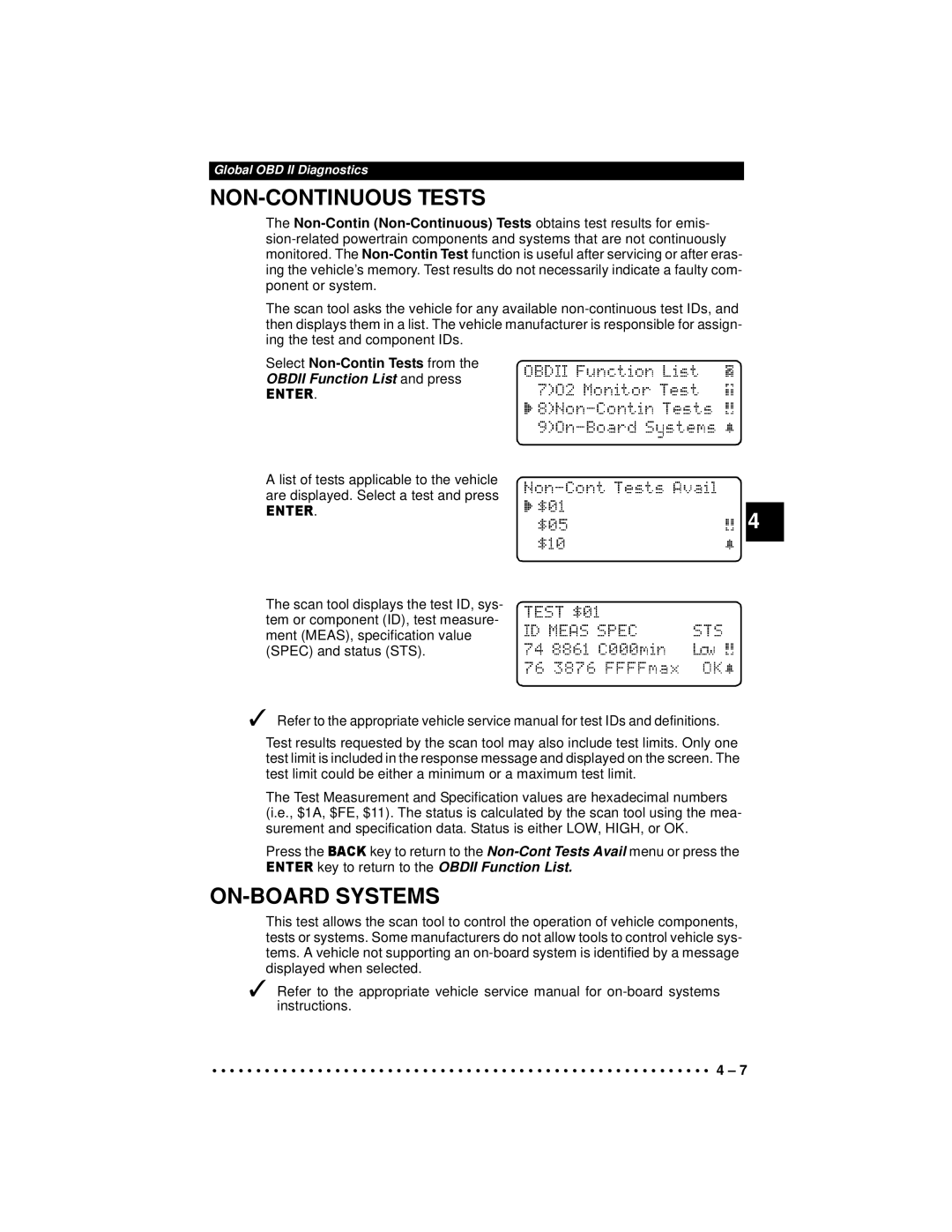 Actron 9640A manual NON-CONTINUOUS Tests, ON-BOARD Systems, Select Non-Contin Tests from Obdii Function List and press 