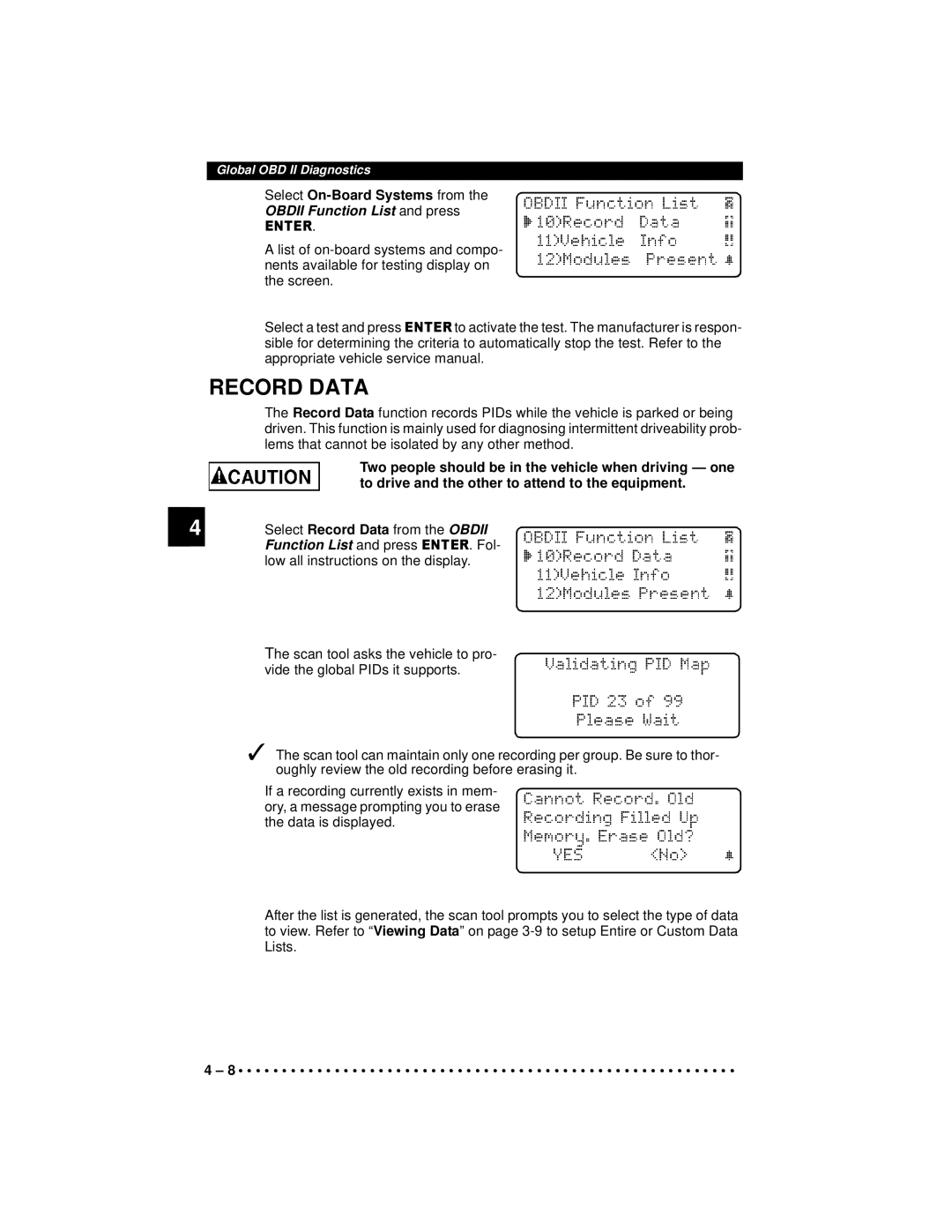 Actron 9640A manual Record Data, Select On-Board Systems from Obdii Function List and press 