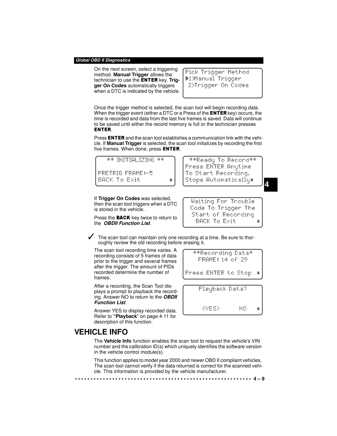 Actron 9640A manual Vehicle Info, If Trigger On Codes was selected, Obdii Function List 