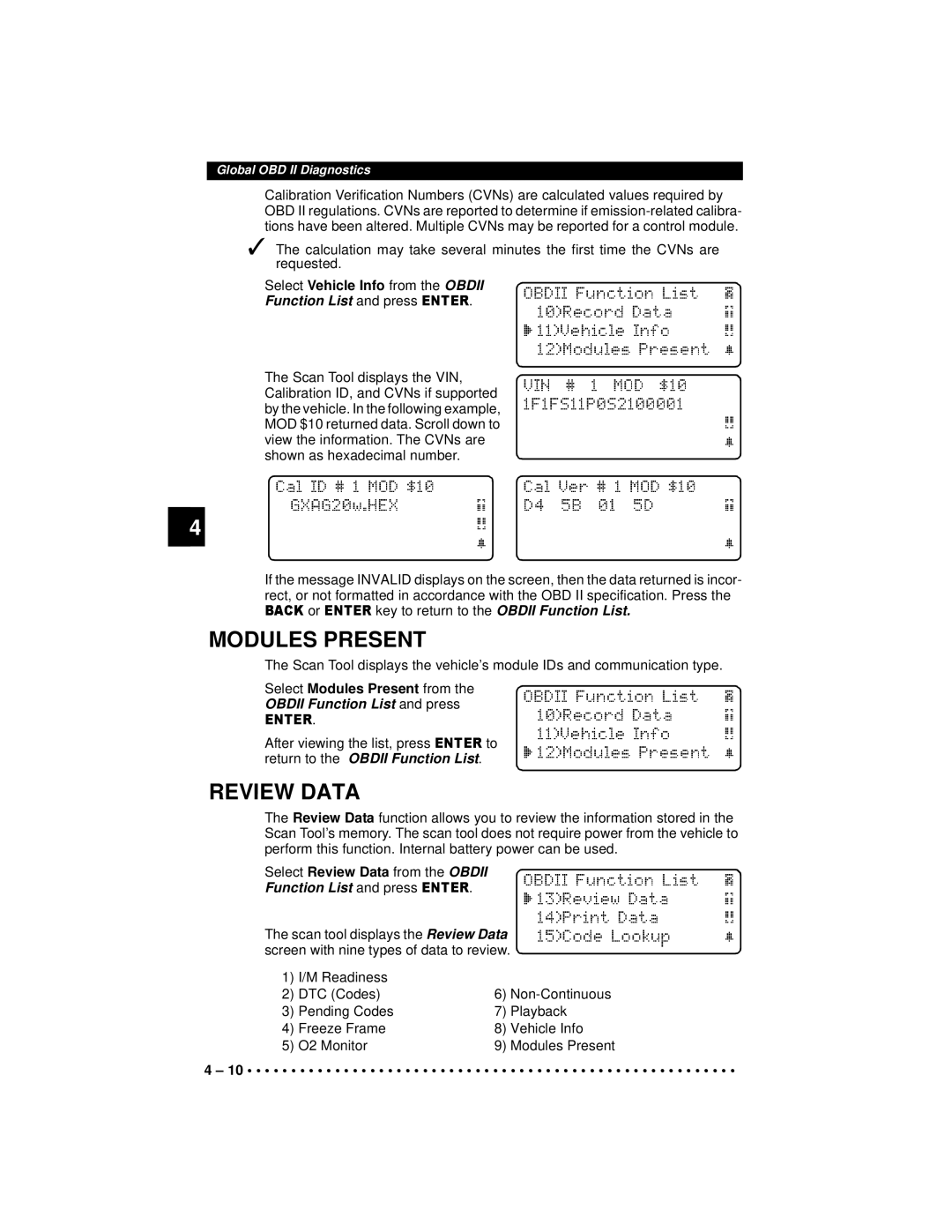 Actron 9640A manual Select Vehicle Info from the Obdii Function List and press, Select Review Data from the Obdii 