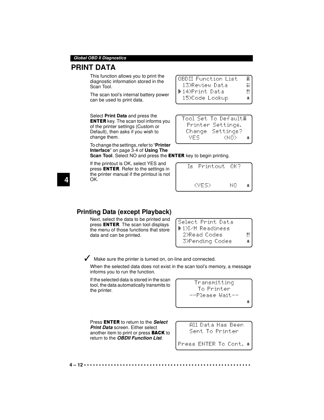 Actron 9640A manual Print Data, Printing Data except Playback, Interface on page 3-4 of Using 