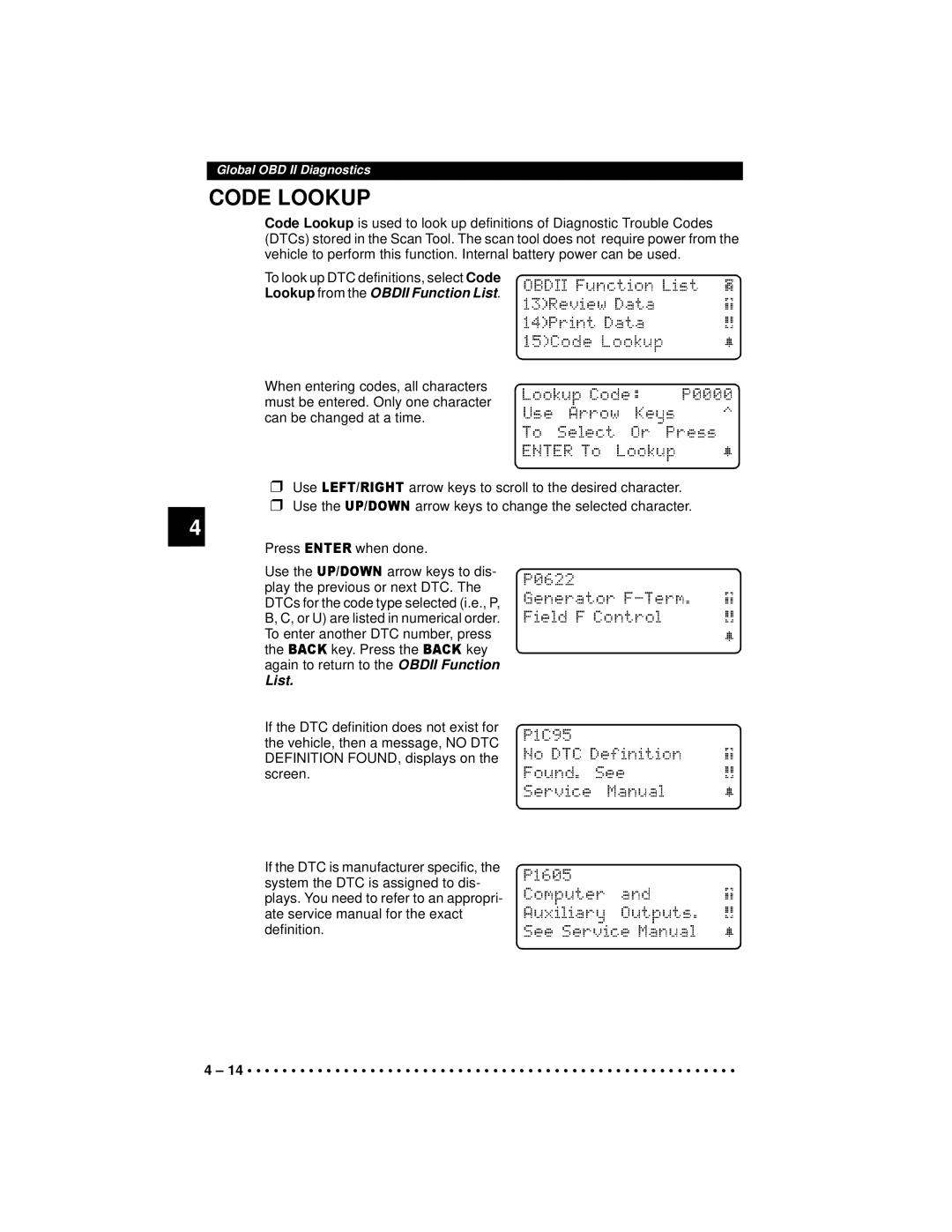 Actron 9640A manual Code Lookup, Lookup from the Obdii Function List 