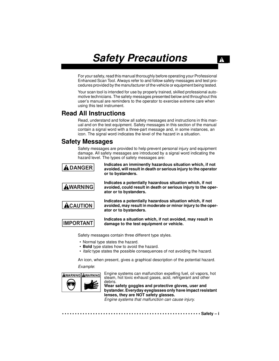 Actron 9640A manual Safety Precautions 