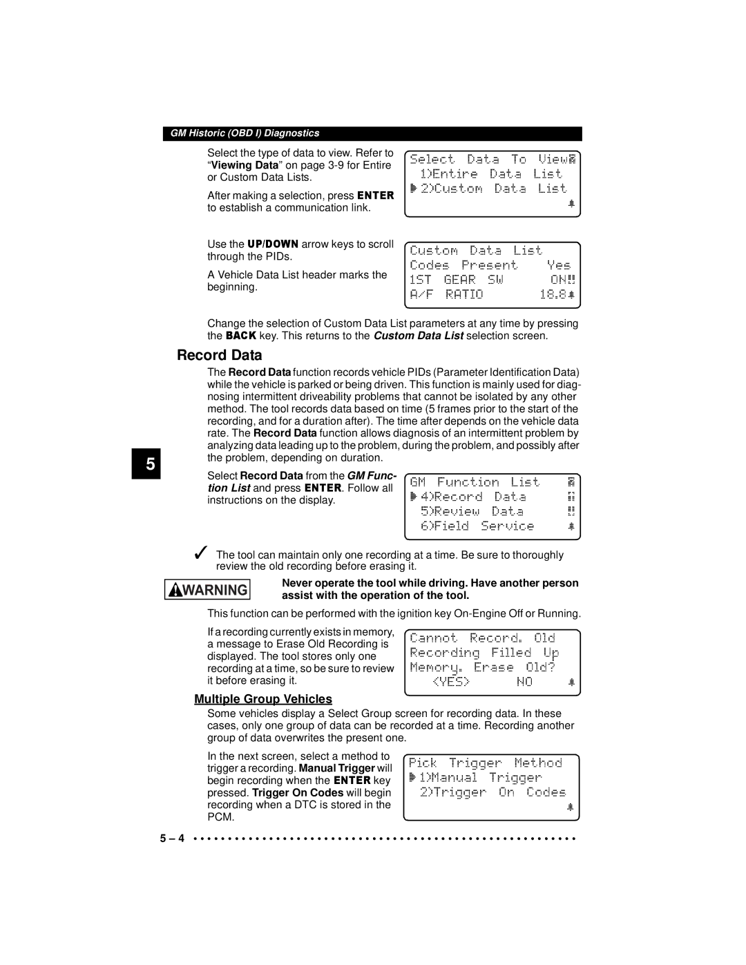 Actron 9640A manual Record Data, SelectRecordData from the GM Func Tion List and press 