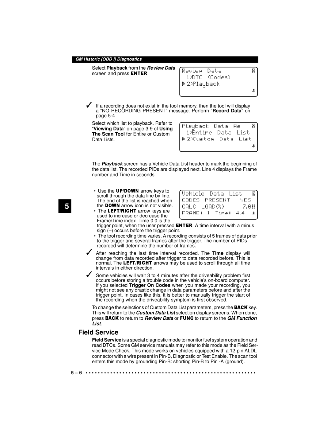 Actron 9640A manual Field Service, SelectPlayback from the Review Data, Data on 