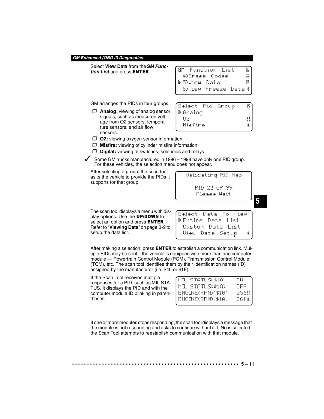 Actron 9640A manual Select View Data from theGM Func Tion List and press 