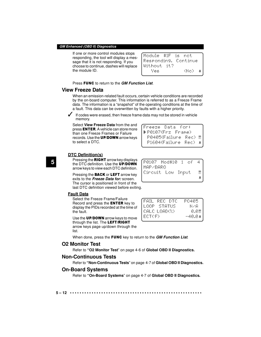 Actron 9640A manual View Freeze Data, O2 Monitor Test, Non-Continuous Tests, On-Board Systems 