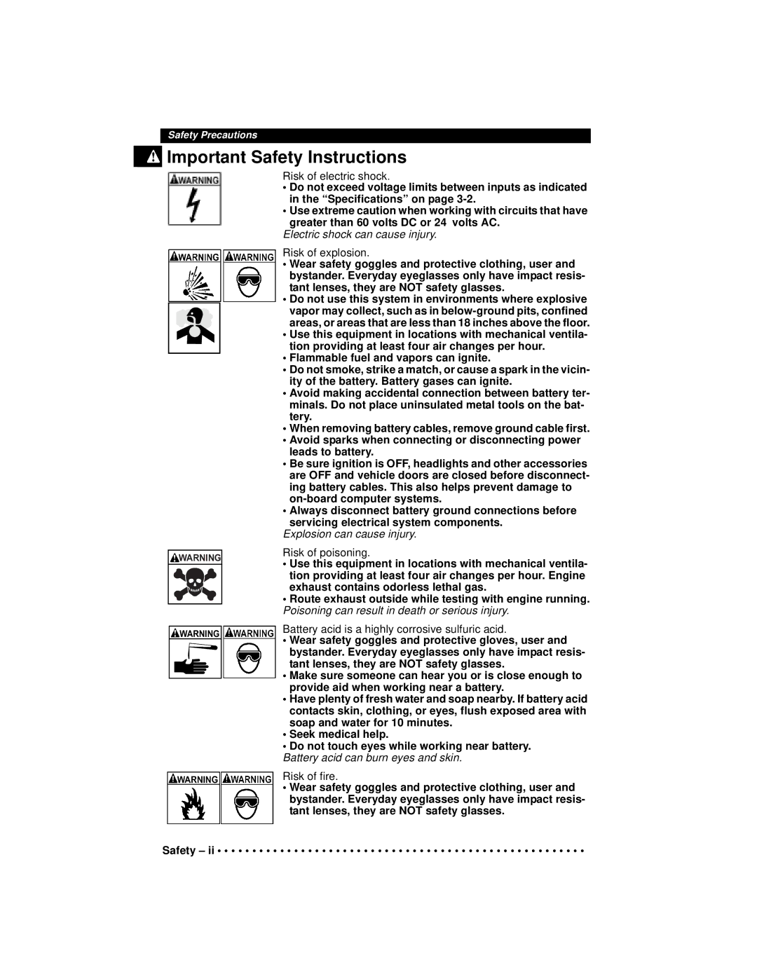 Actron 9640A manual Risk of electric shock, Risk of explosion, Risk of poisoning, Risk of fire 