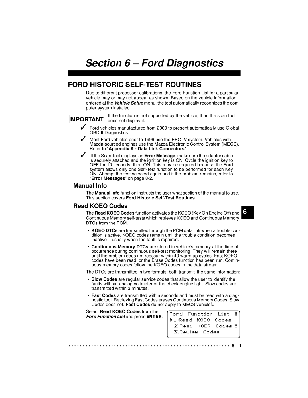 Actron 9640A manual Ford Historic SELF-TEST Routines, Select Read Koeo Codes from Ford Function List and press 