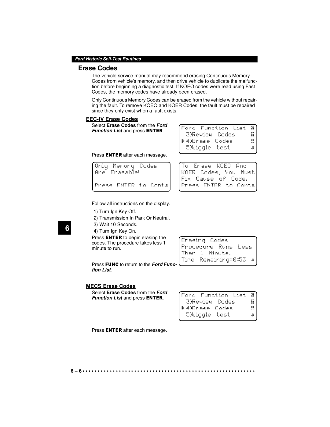 Actron 9640A Select Erase Codes from the Ford, Press After each message, Follow all instructions on the display, Tion Li t 