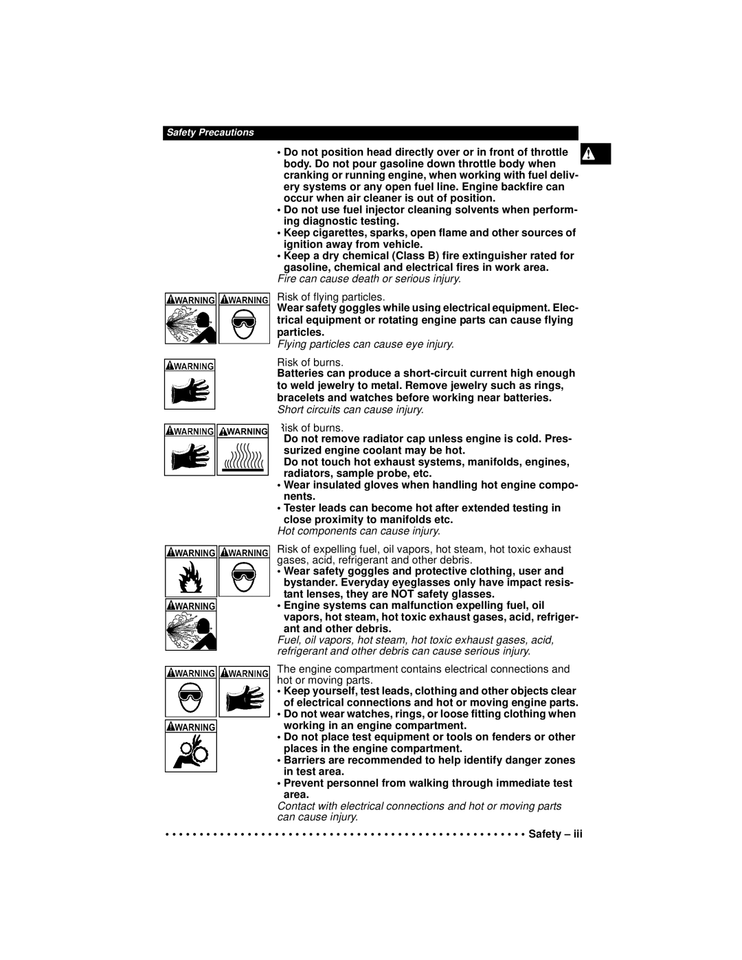 Actron 9640A manual Risk of flying particles, Risk of burns 