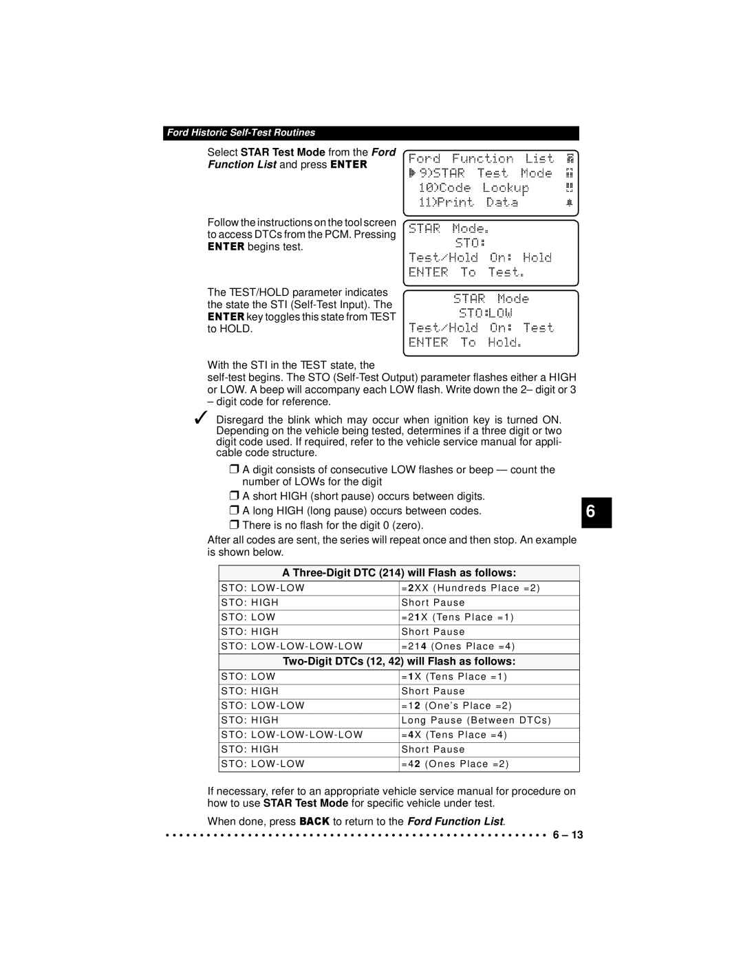 Actron 9640A manual Three-Digit DTC 214 will Flash as follows, Two-Digit DTCs 12, 42 will Flash as follows 