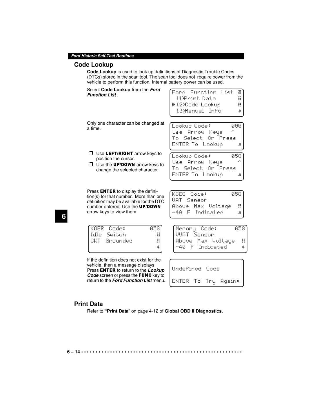 Actron 9640A manual Code Lookup, Print Data, Return to the Ford Function List menu 