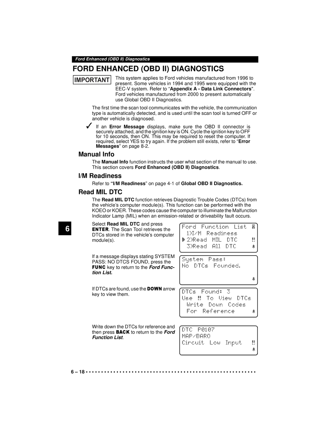 Actron 9640A manual Ford Enhanced OBD II Diagnostics, Manual Info, Readiness, Read MIL DTC, Tion List 