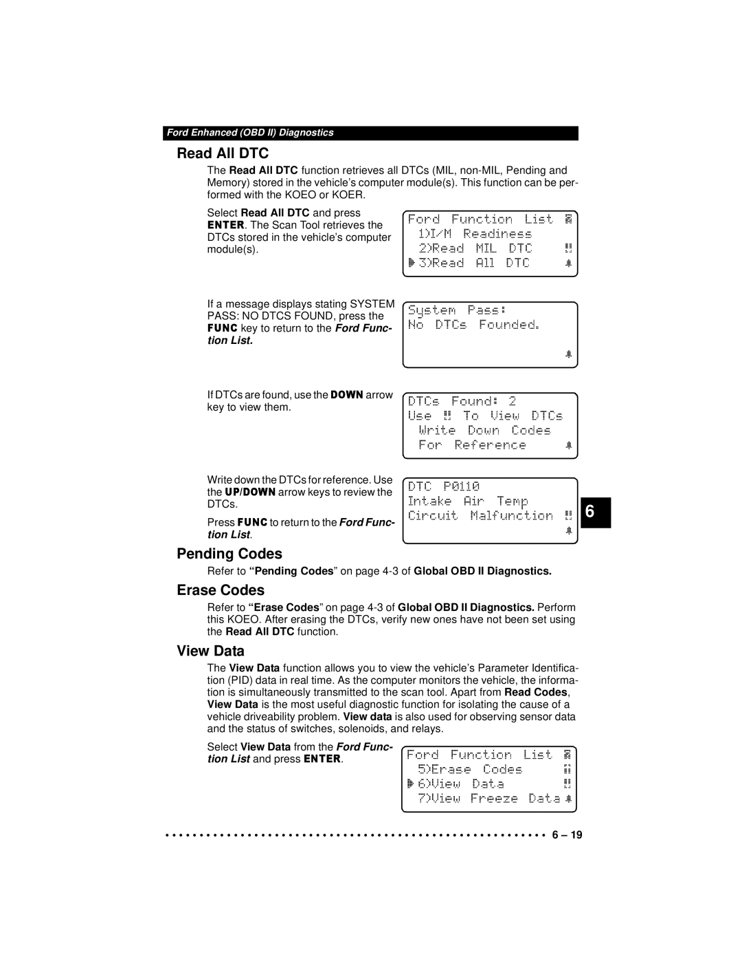 Actron 9640A manual Read All DTC, Pending Codes, Erase Codes, View Data, Air 