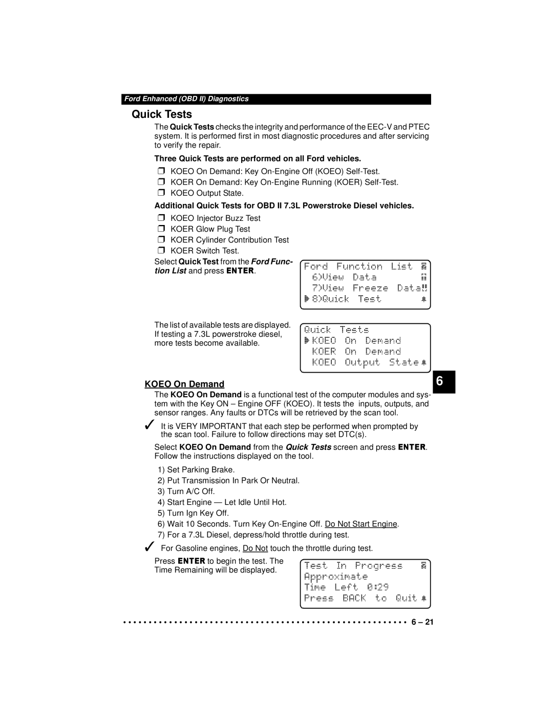 Actron 9640A Koeo On Demand, Three Quick Tests are performed on all Ford vehicles, Time Remaining will be displayed 