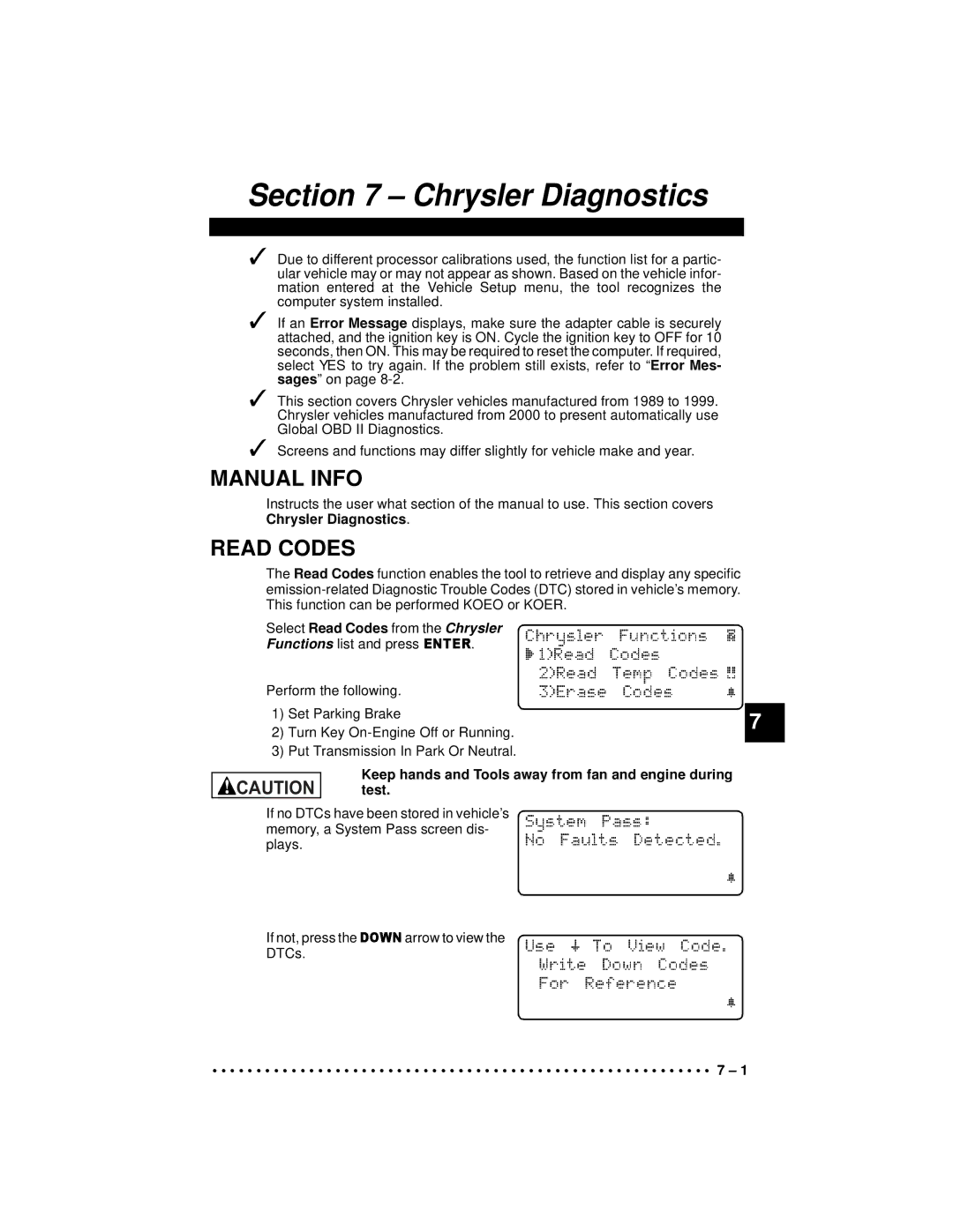 Actron 9640A manual Manual Info, Read Codes, SelectReadCodes from the Chrysler, Arrow to view DTCs 