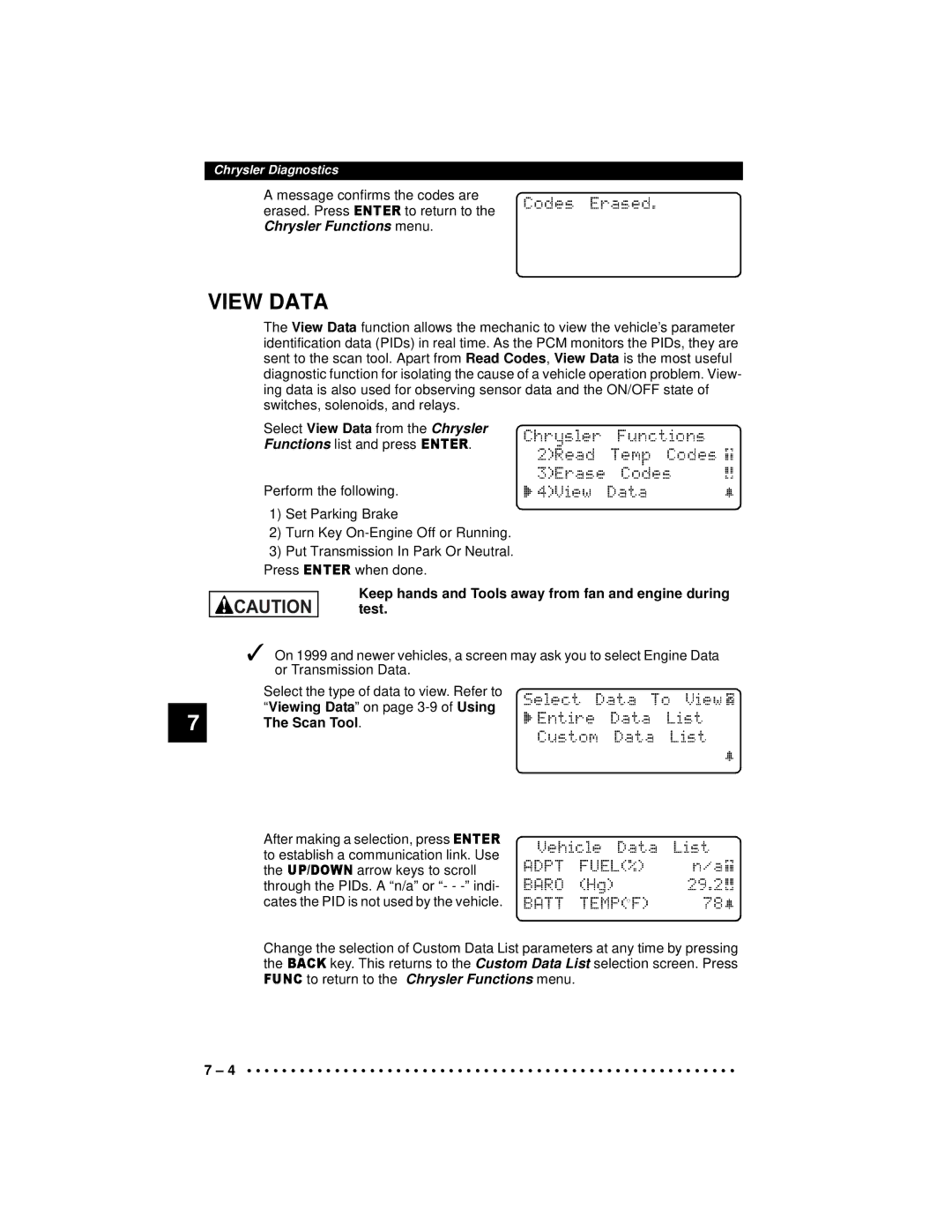 Actron 9640A manual Chrysler Functions menu, Select View Data from the Chrysler, Scan Tool 