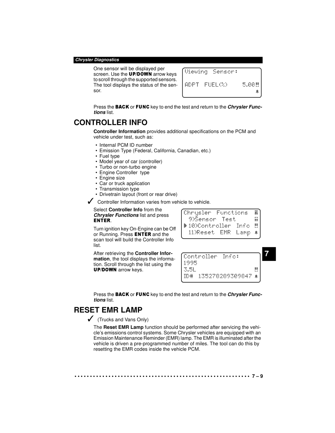 Actron 9640A manual Reset EMR Lamp, Tions list, Select Controller Info from 