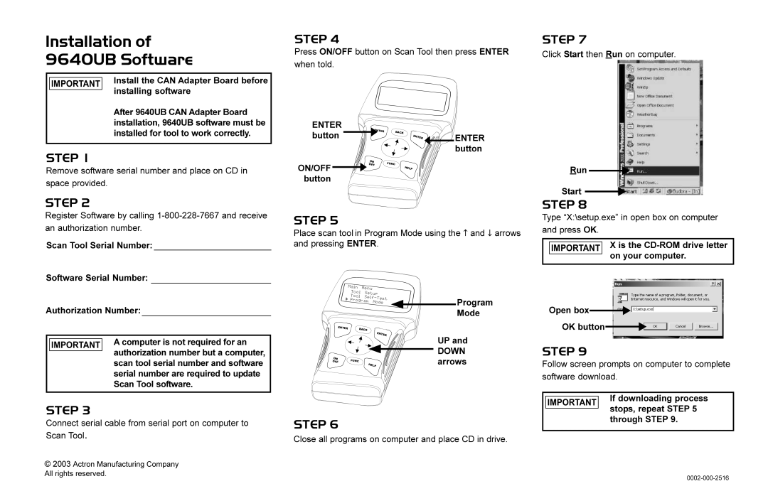 Actron 9640UB Upgrade manual Installation of 9640UB Software 