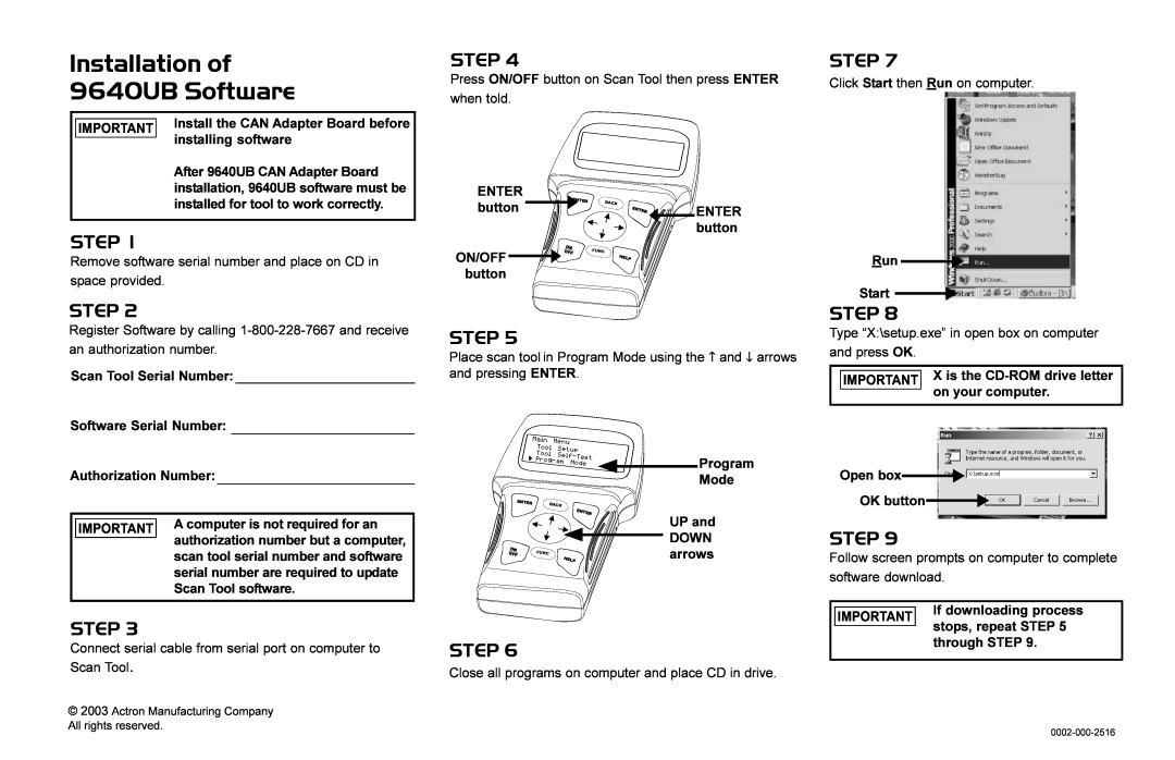 Actron 9640UB Upgrade manual Installation of 9640UB Software, Step 